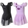 imageDIPUG Ballet Leotards for Girls Ballet Leotard with Skirt Toddler Dance Leotards Flutter Sleeve and CrissCross BackBlacklpurple