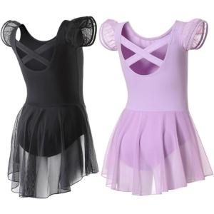 imageDIPUG Ballet Leotards for Girls Ballet Leotard with Skirt Toddler Dance Leotards Flutter Sleeve and CrissCross BackBlacklpurple