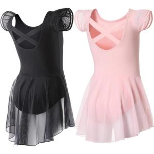 imageDIPUG Ballet Leotards for Girls Ballet Leotard with Skirt Toddler Dance Leotards Flutter Sleeve and CrissCross BackBlackpink