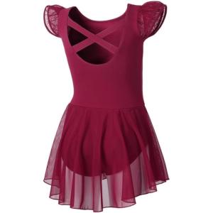 imageDIPUG Ballet Leotards for Girls Ballet Leotard with Skirt Toddler Dance Leotards Flutter Sleeve and CrissCross BackBurgundy