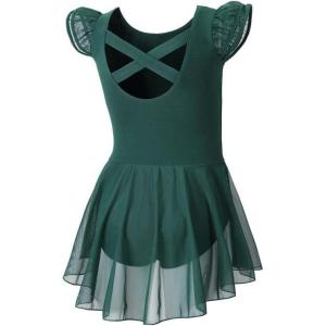 imageDIPUG Ballet Leotards for Girls Ballet Leotard with Skirt Toddler Dance Leotards Flutter Sleeve and CrissCross BackDark Green