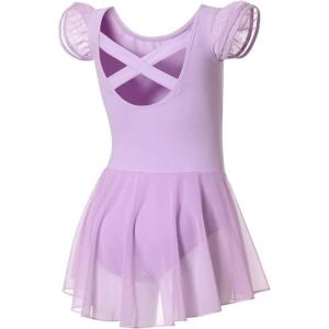imageDIPUG Ballet Leotards for Girls Ballet Leotard with Skirt Toddler Dance Leotards Flutter Sleeve and CrissCross BackLilac
