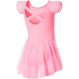 imageDIPUG Ballet Leotards for Girls Ballet Leotard with Skirt Toddler Dance Leotards Flutter Sleeve and CrissCross BackPink Cosmos