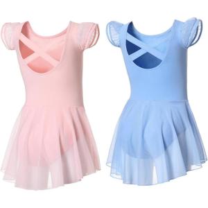 imageDIPUG Ballet Leotards for Girls Ballet Leotard with Skirt Toddler Dance Leotards Flutter Sleeve and CrissCross BackPinkblue