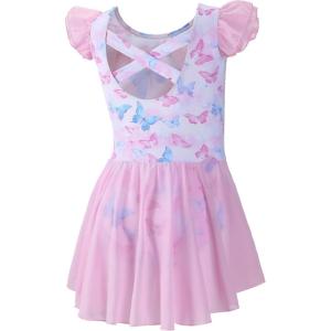 imageDIPUG Ballet Leotards for Girls Ballet Leotard with Skirt Toddler Dance Leotards Flutter Sleeve and CrissCross BackPinkbutterfly