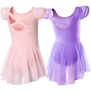 imageDIPUG Ballet Leotards for Girls Ballet Leotard with Skirt Toddler Dance Leotards Flutter Sleeve and CrissCross BackPinkpurple