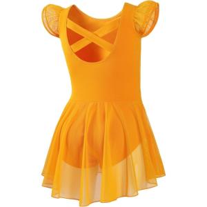 imageDIPUG Ballet Leotards for Girls Ballet Leotard with Skirt Toddler Dance Leotards Flutter Sleeve and CrissCross BackPumpkin