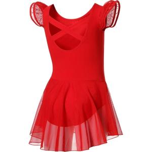 imageDIPUG Ballet Leotards for Girls Ballet Leotard with Skirt Toddler Dance Leotards Flutter Sleeve and CrissCross BackRed