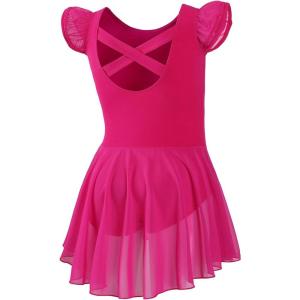 imageDIPUG Ballet Leotards for Girls Ballet Leotard with Skirt Toddler Dance Leotards Flutter Sleeve and CrissCross BackRose