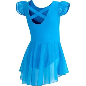 imageDIPUG Ballet Leotards for Girls Ballet Leotard with Skirt Toddler Dance Leotards Flutter Sleeve and CrissCross BackTurquoise