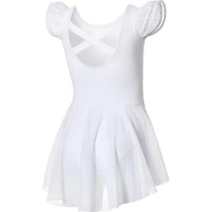 imageDIPUG Ballet Leotards for Girls Ballet Leotard with Skirt Toddler Dance Leotards Flutter Sleeve and CrissCross BackWhite