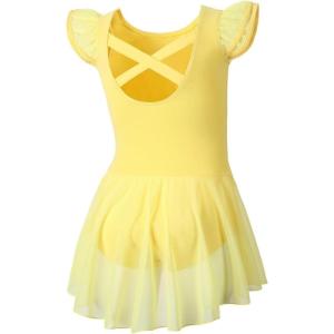 imageDIPUG Ballet Leotards for Girls Ballet Leotard with Skirt Toddler Dance Leotards Flutter Sleeve and CrissCross BackYellow