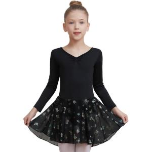 imageDIPUG Ballet Leotards for Girls with Skirt Shiny Toddler Dance Leotard Butterfly Long SleeveBlack
