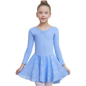 imageDIPUG Ballet Leotards for Girls with Skirt Shiny Toddler Dance Leotard Butterfly Long SleeveBlue