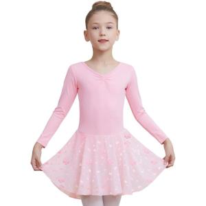 imageDIPUG Ballet Leotards for Girls with Skirt Shiny Toddler Dance Leotard Butterfly Long SleevePink