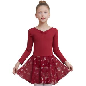 imageDIPUG Ballet Leotards for Girls with Skirt Shiny Toddler Dance Leotard Butterfly Long SleeveRed