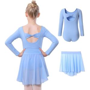 imageDIPUG Girls Ballet Leotards with Removable Skirt Toddler Hollow Back Dance Dress ComboBluelong Sleeve