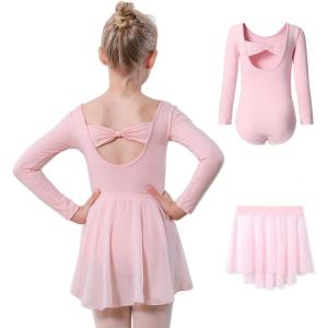 imageDIPUG Girls Ballet Leotards with Removable Skirt Toddler Hollow Back Dance Dress ComboPinklong Sleeve