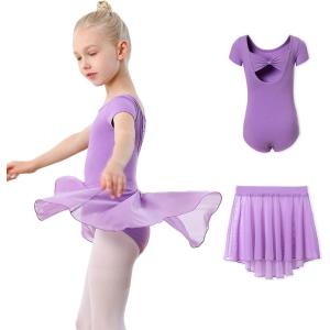imageDIPUG Girls Ballet Leotards with Removable Skirt Toddler Hollow Back Dance Dress ComboPurpleshort Sleeve