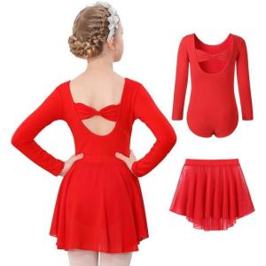 imageDIPUG Girls Ballet Leotards with Removable Skirt Toddler Hollow Back Dance Dress ComboRedlong Sleeve