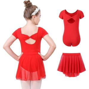 imageDIPUG Girls Ballet Leotards with Removable Skirt Toddler Hollow Back Dance Dress ComboRedshort Sleeve
