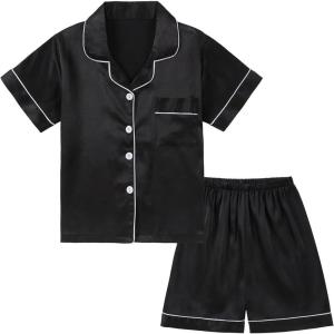 imageDIPUG Girls Pajamas Satin Pajama Set Silk Pjs Short Sleeve SleepwearBlack