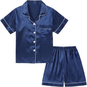 imageDIPUG Girls Pajamas Satin Pajama Set Silk Pjs Short Sleeve SleepwearNavy