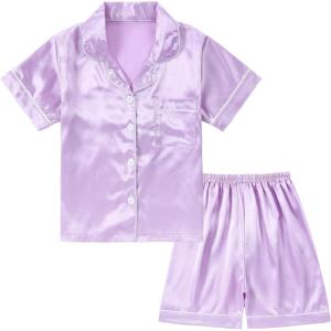 imageDIPUG Girls Pajamas Satin Pajama Set Silk Pjs Short Sleeve SleepwearPurple