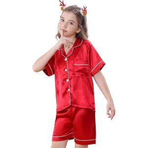 imageDIPUG Girls Pajamas Satin Pajama Set Silk Pjs Short Sleeve SleepwearRed