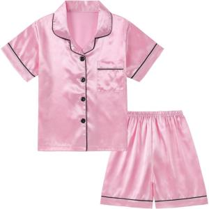 imageDIPUG Girls Pajamas Satin Pajama Set Silk Pjs Short Sleeve SleepwearRose Pink