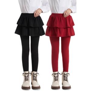 imageDIPUG 2Pack Girls Leggings School Uniform Pants with Double Layer Ruffled Hem Skirt Stylish Legging for Kids 28YearsBlack burgundy