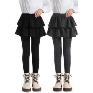 imageDIPUG 2Pack Girls Leggings School Uniform Pants with Double Layer Ruffled Hem Skirt Stylish Legging for Kids 28YearsBlack dark Grey