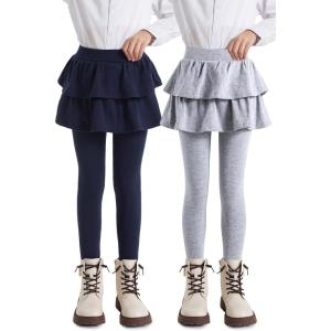 imageDIPUG 2Pack Girls Leggings School Uniform Pants with Double Layer Ruffled Hem Skirt Stylish Legging for Kids 28YearsNavy lgrey