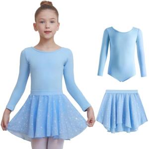 imageDIPUG Ballet Leotards for Girls Removable Skirt Shiny Toddler Dance Leotard Star Long SleeveBlue