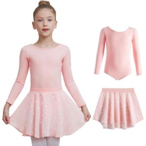 imageDIPUG Ballet Leotards for Girls Removable Skirt Shiny Toddler Dance Leotard Star Long SleevePink