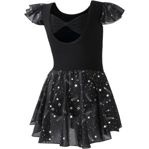 imageDIPUG Girls Ballet Leotards Toddler Shiny Dance Leotard Dresses with Ruffle SleeveBlack