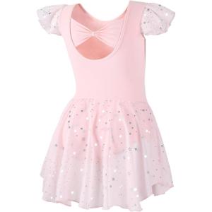 imageDIPUG Girls Ballet Leotards Toddler Shiny Dance Leotard Dresses with Ruffle SleevePink