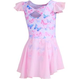 imageDIPUG Girls Ballet Leotards Toddler Shiny Dance Leotard Dresses with Ruffle SleevePink Butterfly