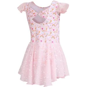 imageDIPUG Girls Ballet Leotards Toddler Shiny Dance Leotard Dresses with Ruffle SleevePink Unicorn