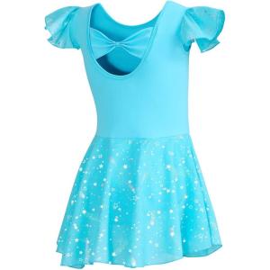 imageDIPUG Girls Ballet Leotards Toddler Shiny Dance Leotard Dresses with Ruffle SleevePool Blue