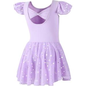 imageDIPUG Girls Ballet Leotards Toddler Shiny Dance Leotard Dresses with Ruffle SleevePurple