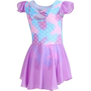 imageDIPUG Girls Ballet Leotards Toddler Shiny Dance Leotard Dresses with Ruffle SleevePurple Mermaid