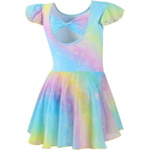 imageDIPUG Girls Ballet Leotards Toddler Shiny Dance Leotard Dresses with Ruffle SleeveRainbow