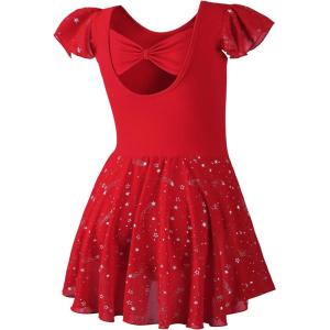 imageDIPUG Girls Ballet Leotards Toddler Shiny Dance Leotard Dresses with Ruffle SleeveRed