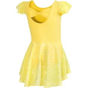 imageDIPUG Girls Ballet Leotards Toddler Shiny Dance Leotard Dresses with Ruffle SleeveYellow