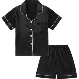 imageDIPUG Girls Pajamas Satin Pajama Set Silk Pjs Short Sleeve SleepwearBlack