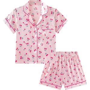 imageDIPUG Girls Pajamas Satin Pajama Set Silk Pjs Short Sleeve SleepwearCherry1