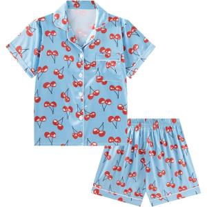 imageDIPUG Girls Pajamas Satin Pajama Set Silk Pjs Short Sleeve SleepwearCherry2