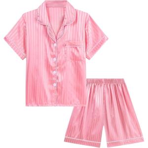 imageDIPUG Girls Pajamas Satin Pajama Set Silk Pjs Short Sleeve SleepwearJacquard Middle Pink