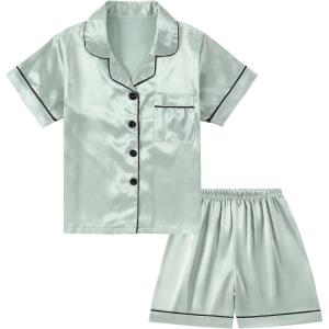 imageDIPUG Girls Pajamas Satin Pajama Set Silk Pjs Short Sleeve SleepwearLight Green